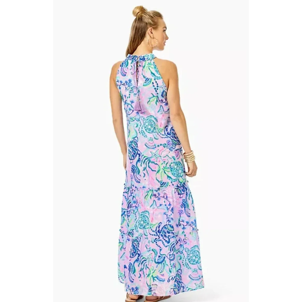 Lilly Pulitzer Everly Maxi Dress Mermaid Halter Ruffle Pink Sleeveless Size XL - Picture 8 of 16